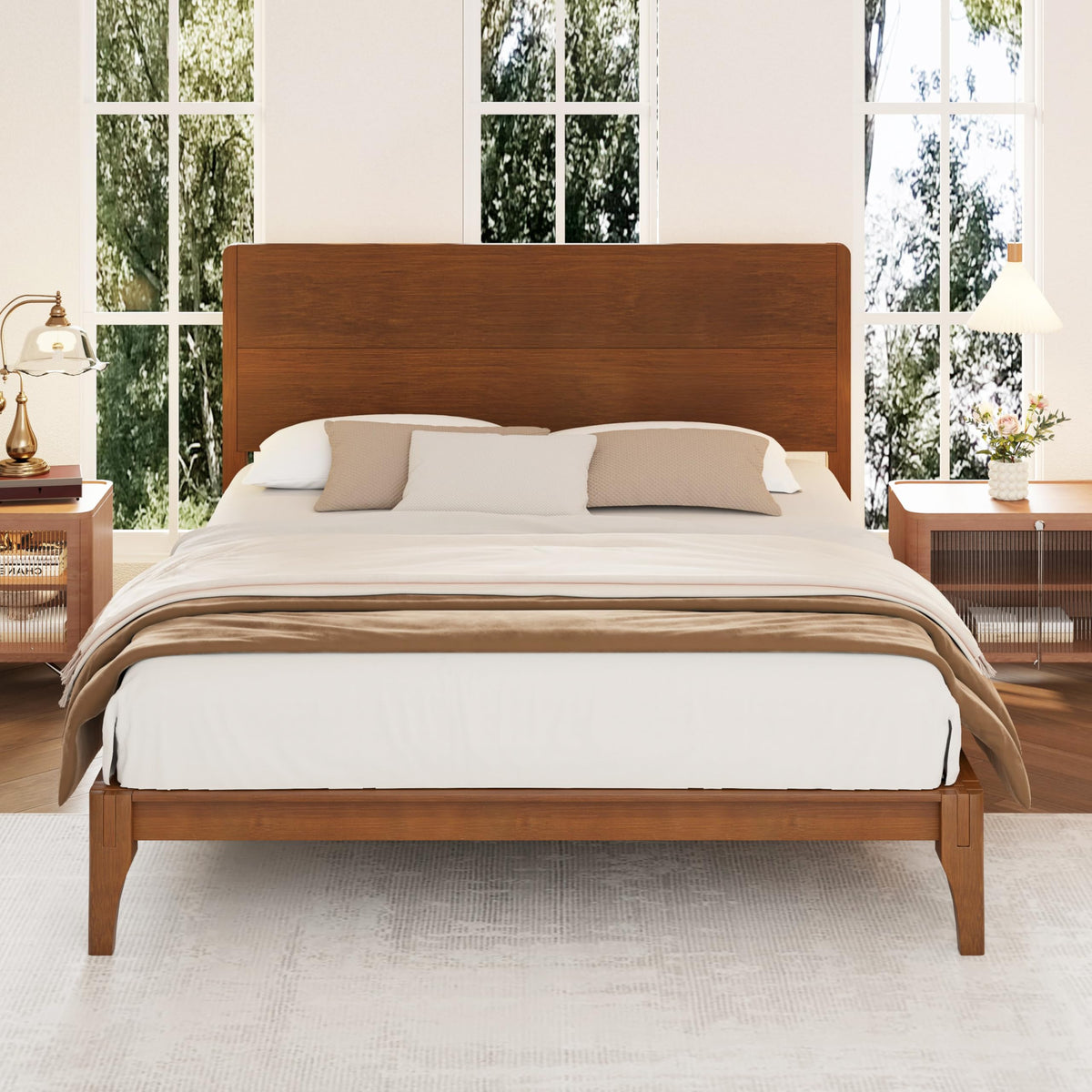 GDFStudio Mid-Century Modern Queen Size Platform Bed Frame, 12 Inch, Solid Bamboo Wood, Eco-Friendly Design with Wood Slat Support, No Box Spring Needed, Easy Assembly, Chocolate Finish