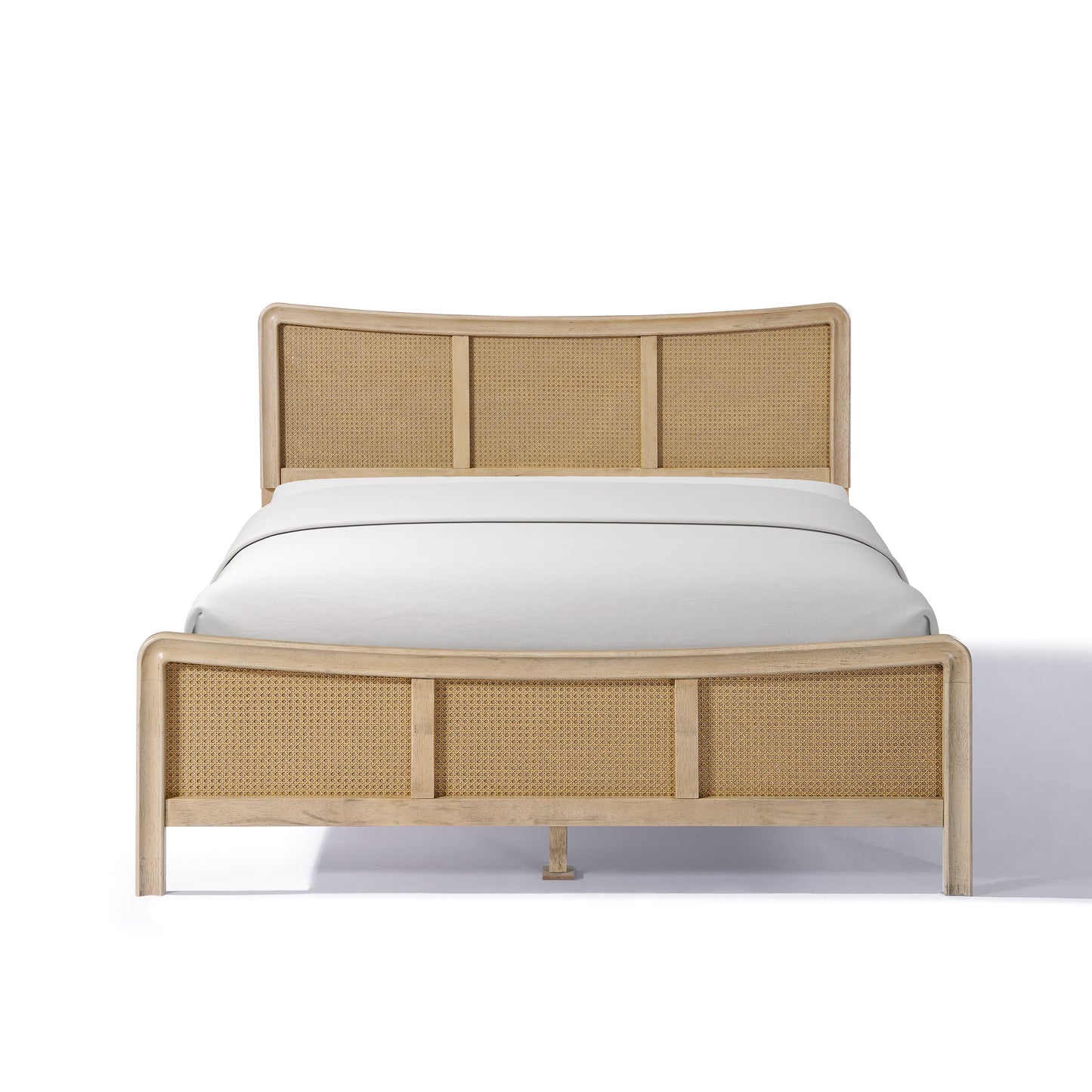 Ravosilor Curved Wooden Bed Frame with Nature Rattan Headboard&Footboard