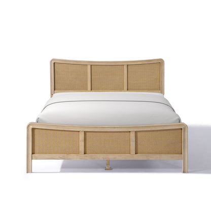 Ravosilor Curved Wooden Bed Frame with Nature Rattan Headboard&Footboard
