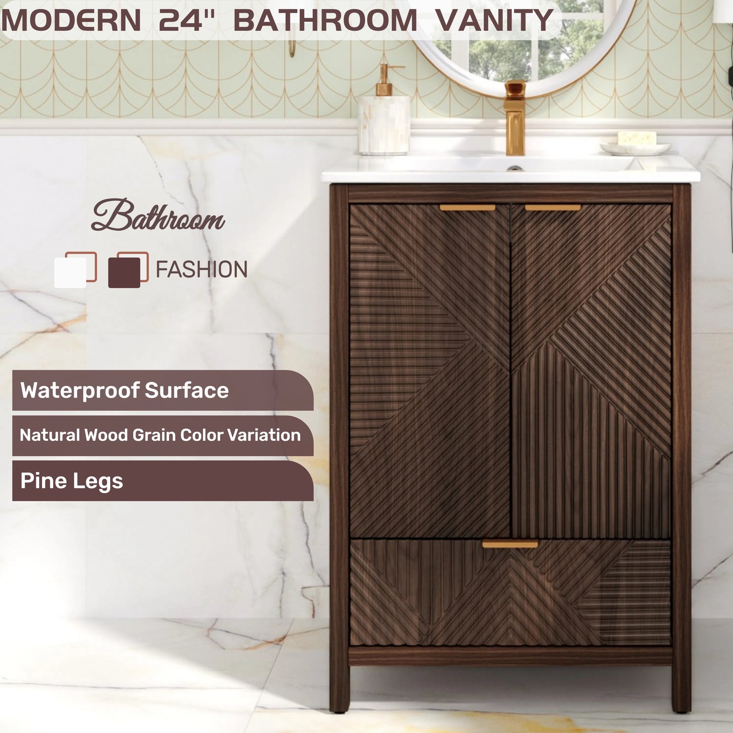 Felix 24 Inches Bathroom Vanity with Sink Combo, Modern Bathroom Vanity with Single Faucet Hole, Textured Door Panels