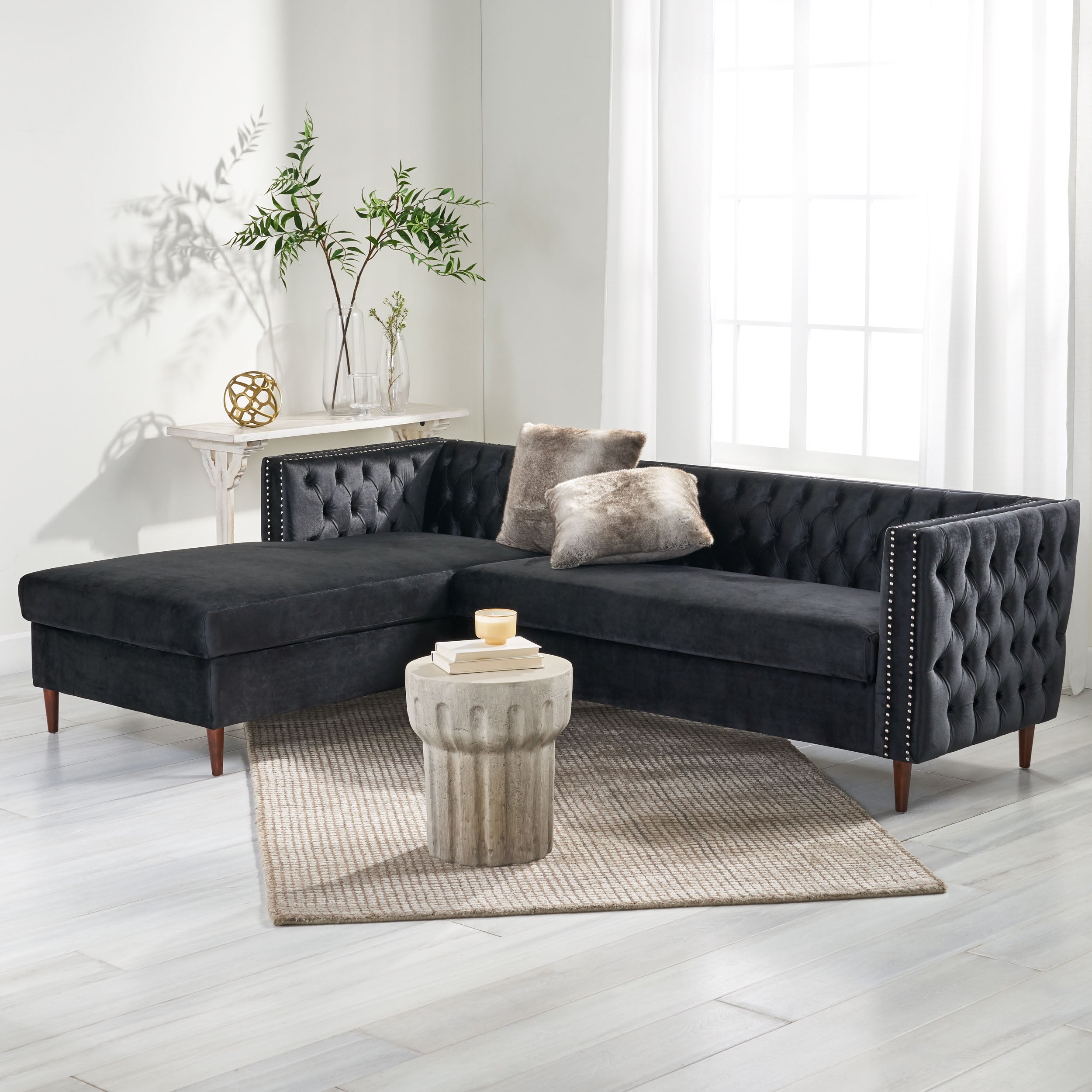 Velvet tufted sofa store with chaise