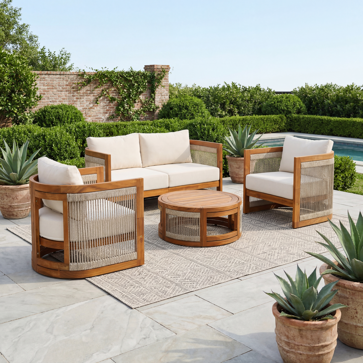 Ineffable Nesbit 8-Seater Patio Furniture Set with Removable Cushion, 8 Piece Outdoor Acacia Wood Conversation Set, Wooden Outdoor Sectional Sofa Set with Coffee Table, Gray