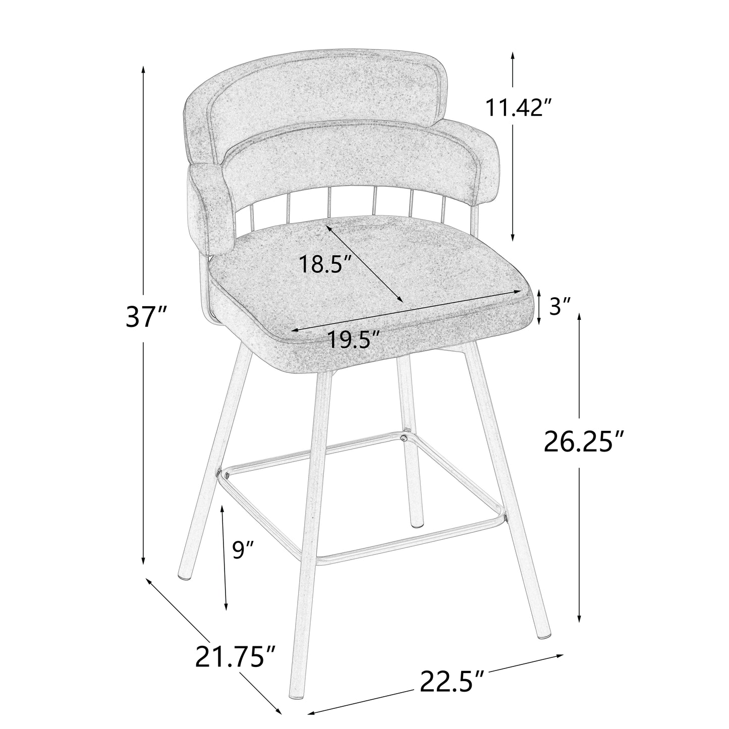 Novimonir 26" Counter Height Bar Stools Set of 2, 180° Swivel Upholstered Barstools