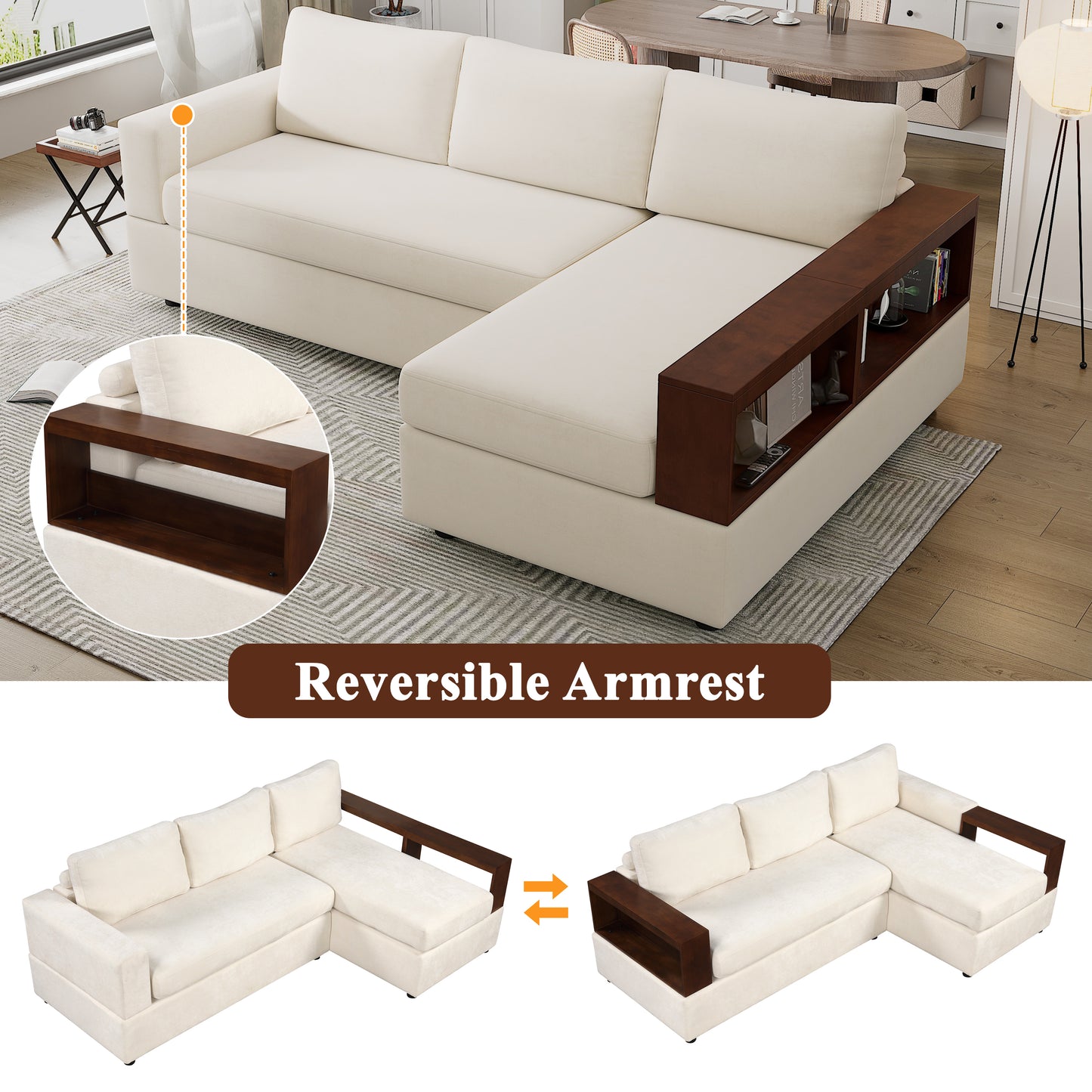 Serava Sectional Sofa Upholstered Sofa Couch with Reversible Armrests for Living Room