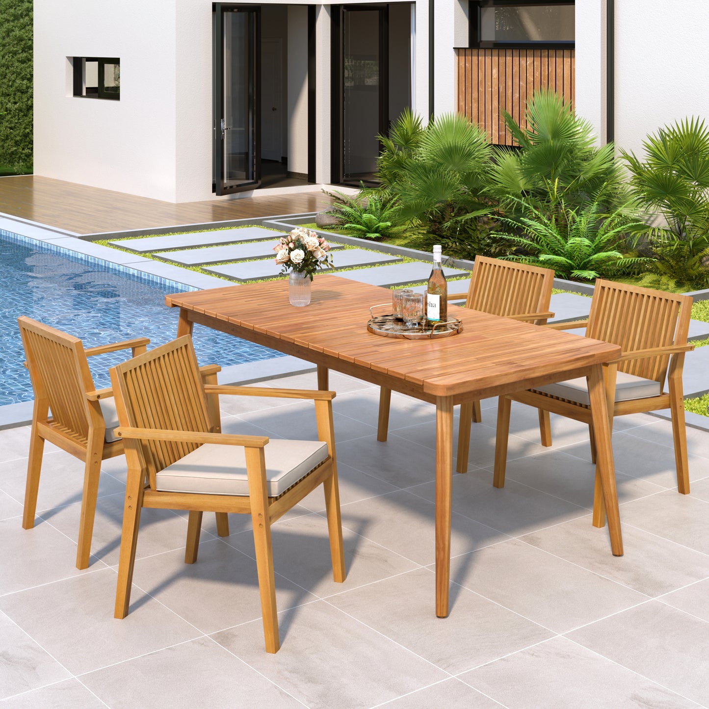 Somasilen 5-Piece Acacia Wood Outdoor Dining Set, Patio Table & Chairs with Cushions, Slatted Tabletop