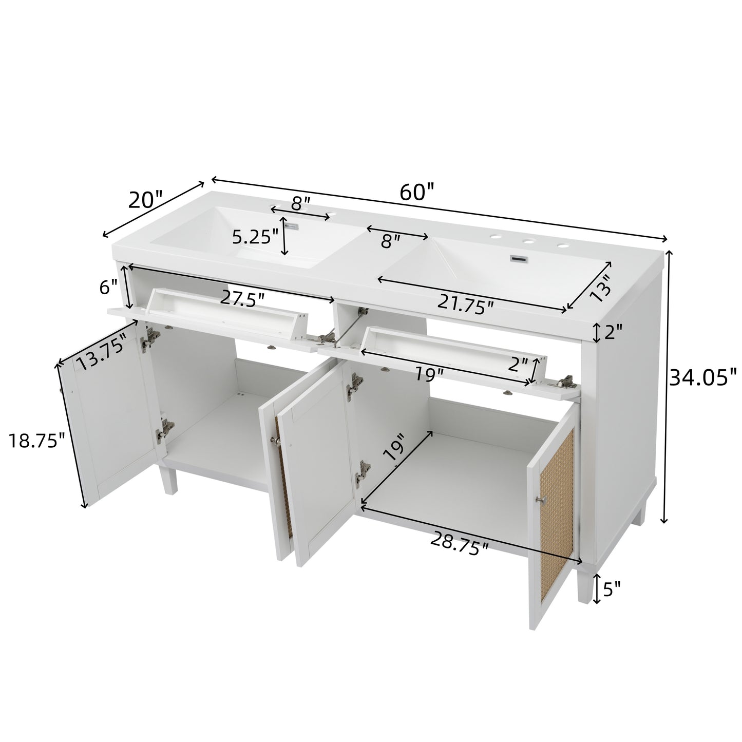 Silas 60 Inch Bathroom Vanity with Double Sink ( SMC Sink ), Large Storage Space