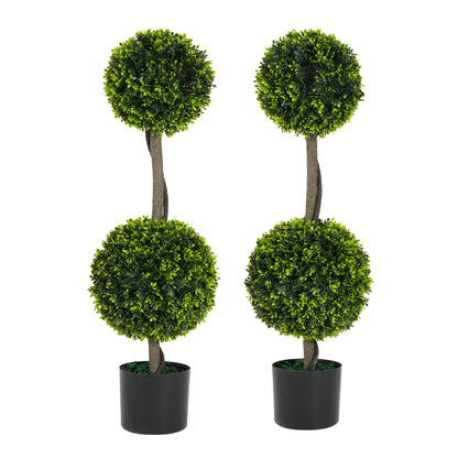 Valvion 34" Artificial Topiary Boxwood Tree Double Ball with Black Plastic Pot, Set of 2