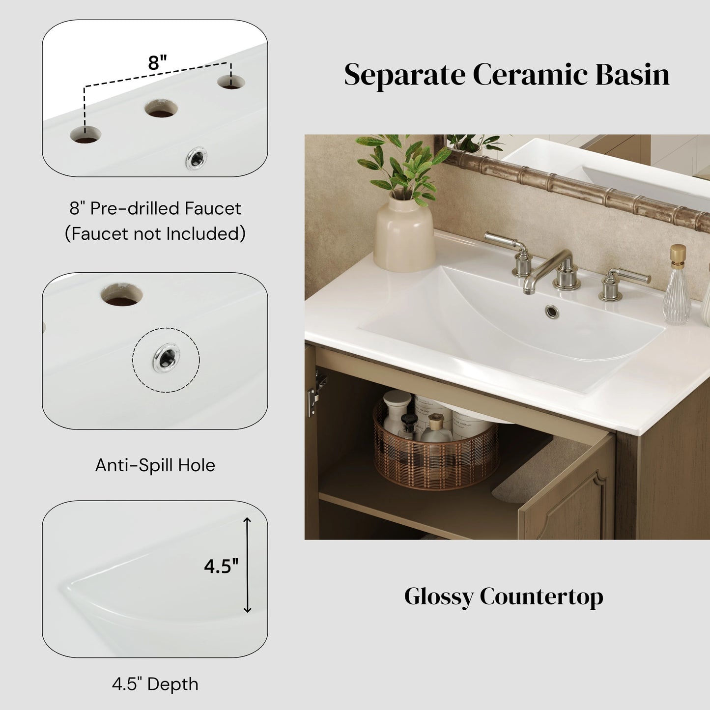 Orion 30" Vintage Bathroom Vanity with Ceramic Sink, Bathroom Vanity Cabinet,Antique Brown