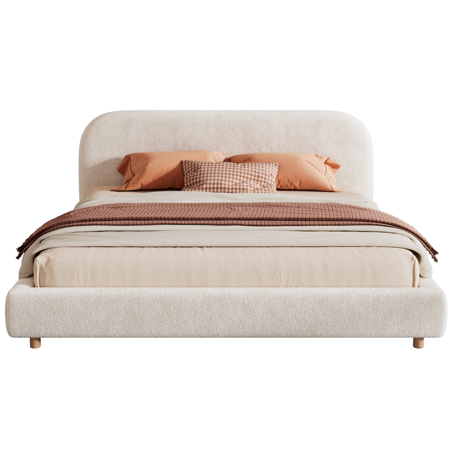 Selah Platform Bed, Boucle Fabric Upholstered Platform Bed,Curve-Shaped Design Headboard