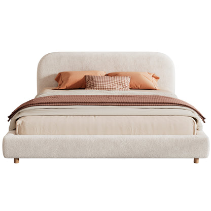Selah Platform Bed, Boucle Fabric Upholstered Platform Bed,Curve-Shaped Design Headboard