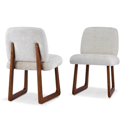 Elowen Dining Chair Set of 2, Plush Boucle Fabric Upholstered Chairs with Curved Wooden Legs, Beige & Brown, 300lbs Capacity