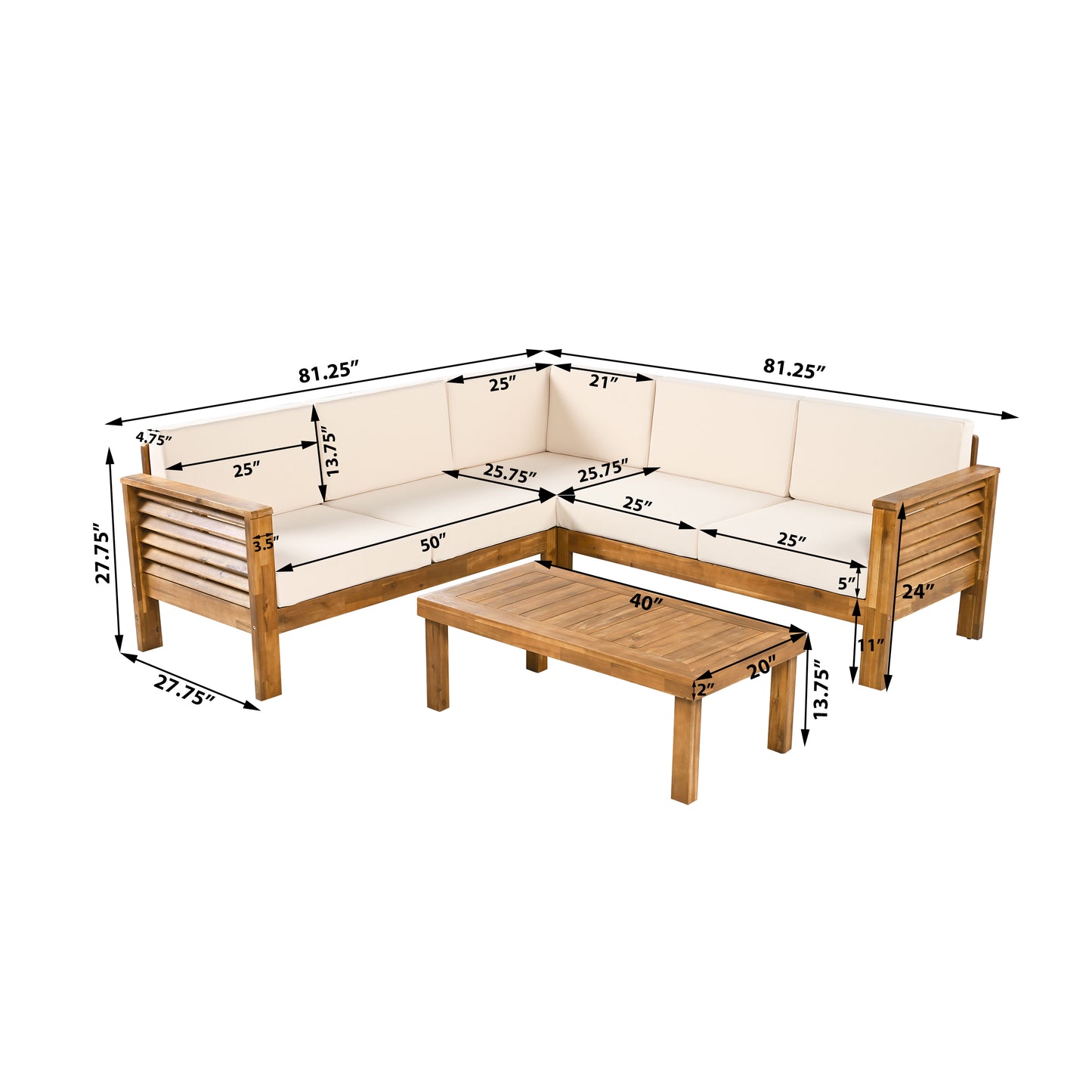Fawne 4-Pieces Acacia Wood Patio Furniture Set, Outdoor Sectional Sofa Set with Coffee Table, 5 Seats L Shape Sofa Set Deep Seating with Soft Cushion, for Garden, Backyard Porch Balcony, Teak & Cream