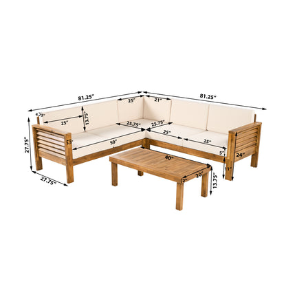 Fawne 4-Pieces Acacia Wood Patio Furniture Set, Outdoor Sectional Sofa Set with Coffee Table, 5 Seats L Shape Sofa Set Deep Seating with Soft Cushion, for Garden, Backyard Porch Balcony, Teak & Cream