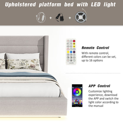Brannick Queen Size Platform Bed with LED light, Greige
