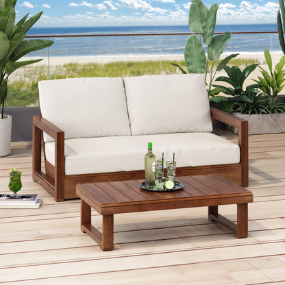 Andrae Outdoor Acacia Wood Loveseat Set with Coffee Table
