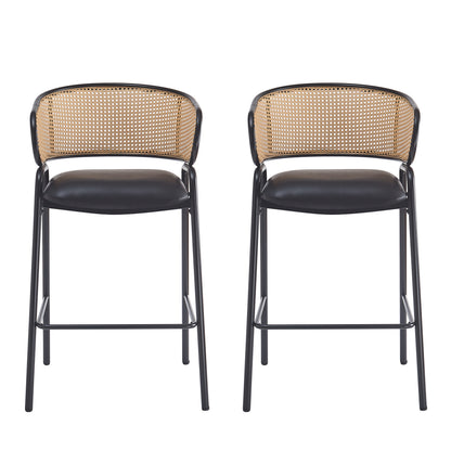 Eathan Indoor Metal PU Leather Barstool, Wowen Rattan Backrest, Set of 2