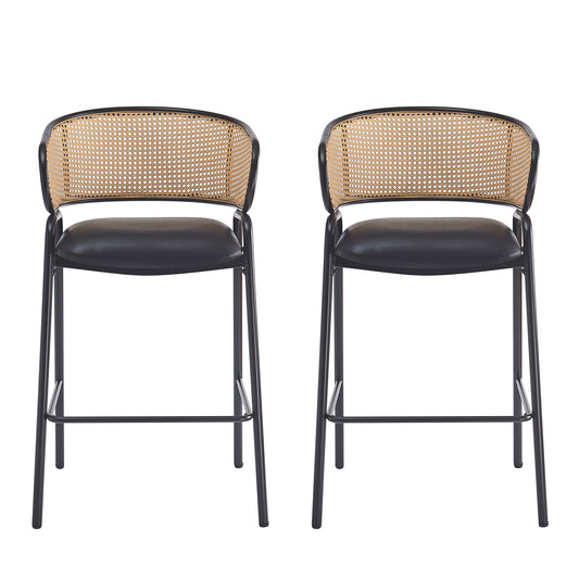 Eathan Indoor Metal PU Leather Barstool, Wowen Rattan Backrest, Set of 2