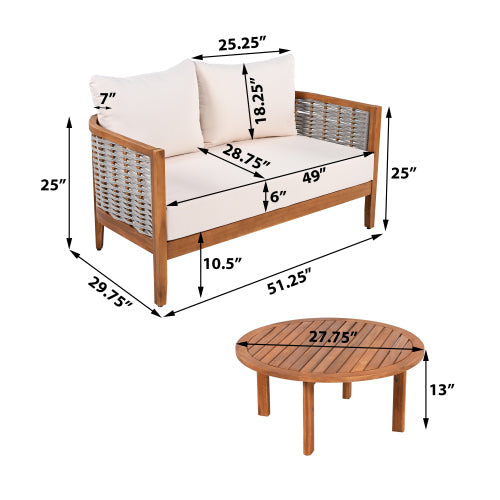 ThruBeam 2 Pieces Acacia Wood Patio Furniture Set, Loveseat with Woven Rope Table