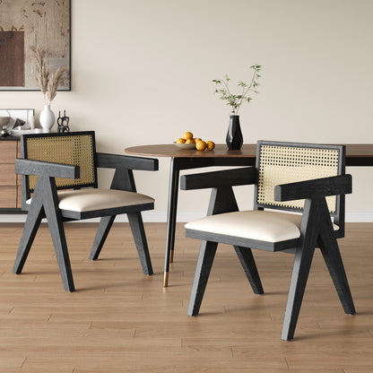 Chandigar Arm Dining Chairs, Cane Upholstered Kitchen Chairs With Cushion,Set of 2