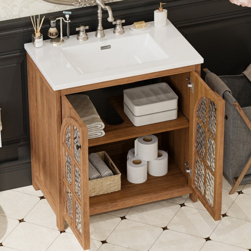‌Nexrail 31" Vintage Bathroom Vanity with Ceramic Sink, with Bronze Pulls and Tempered Glass