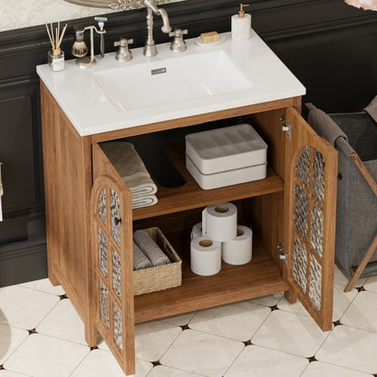 ‌Nexrail 31" Vintage Bathroom Vanity with Ceramic Sink, with Bronze Pulls and Tempered Glass
