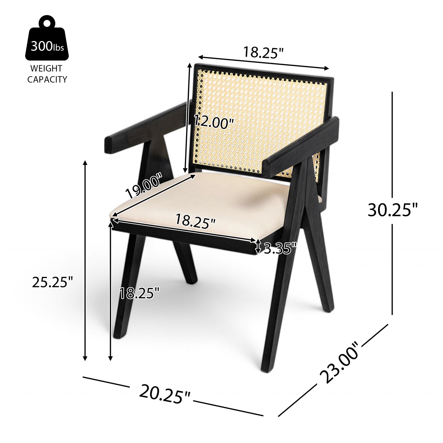 Chandigar Arm Dining Chairs, Cane Upholstered Kitchen Chairs With Cushion,Set of 2