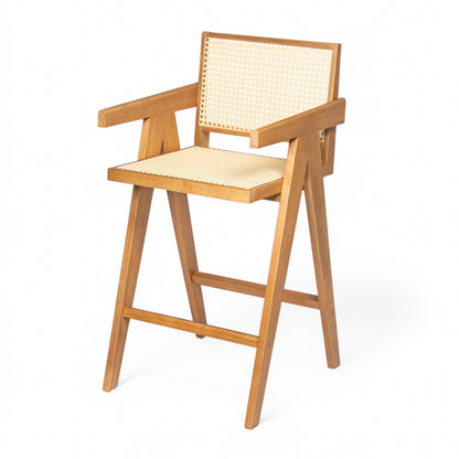 Lomiare Modern Minimalist Bar Stool with Cane Seat, Solid Wood Frame