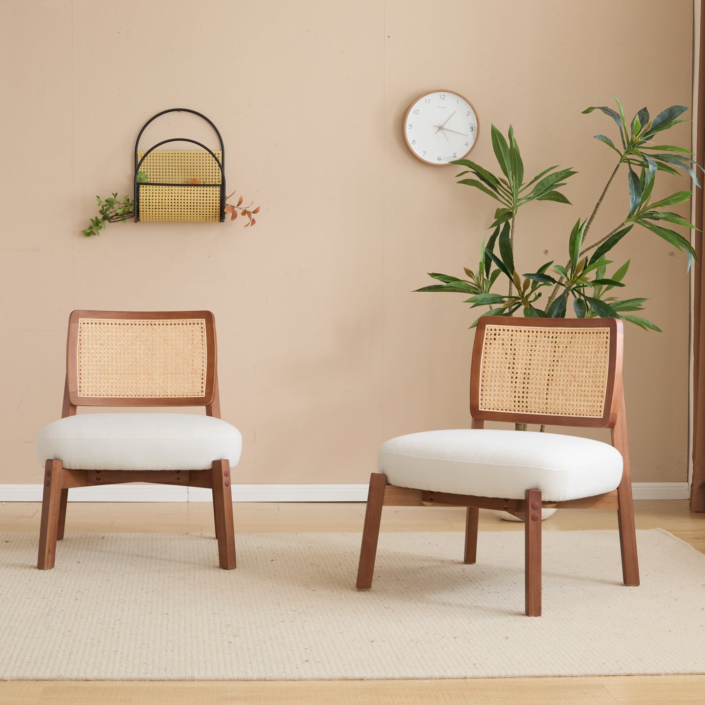 Aphex Modern Beige Lounge Chair with Woven Backrest, Sturdy Wooden Frame,Set of 2