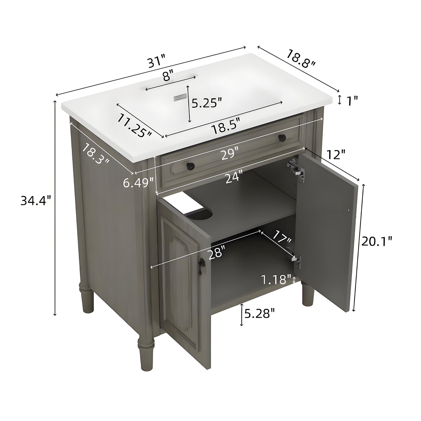 Kizzo 31" Vintage Bathroom Vanity with Sink, Rustic Bathroom Cabinet