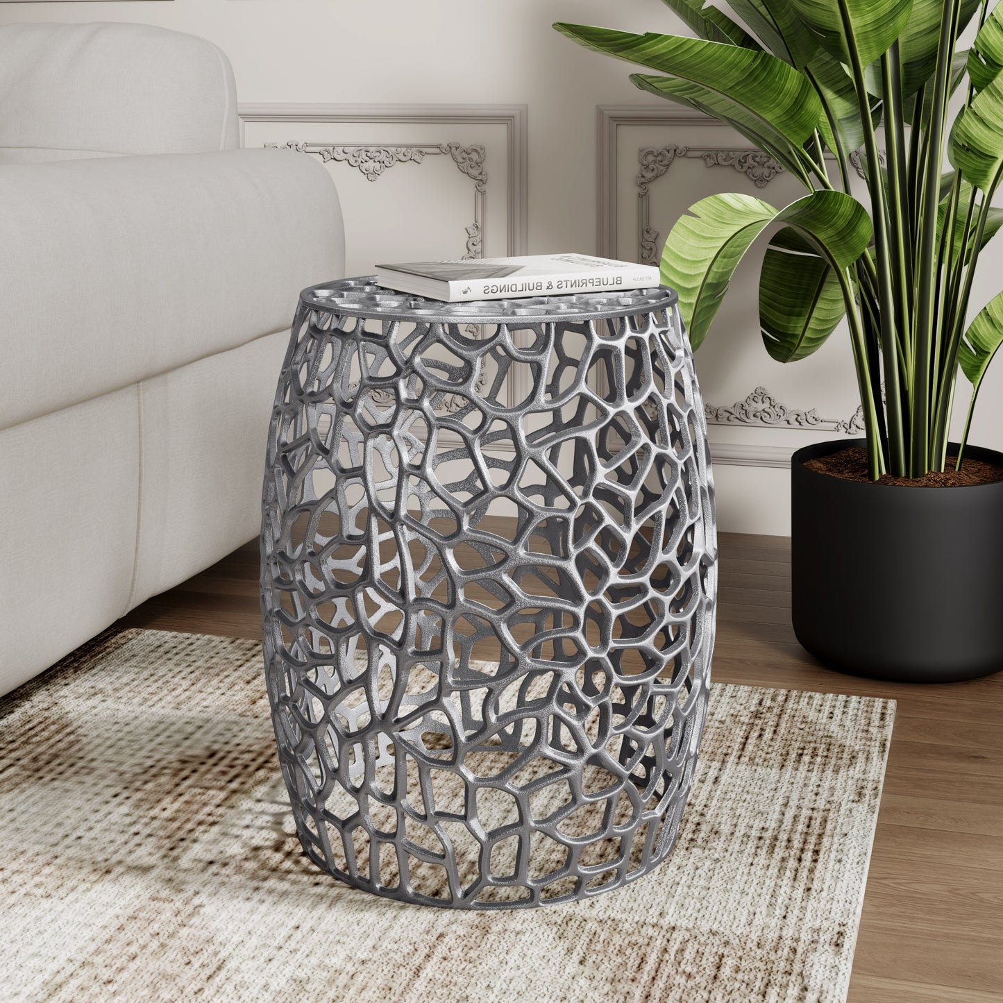 Saga Aluminum Drum hollow End Table with Intricate Design