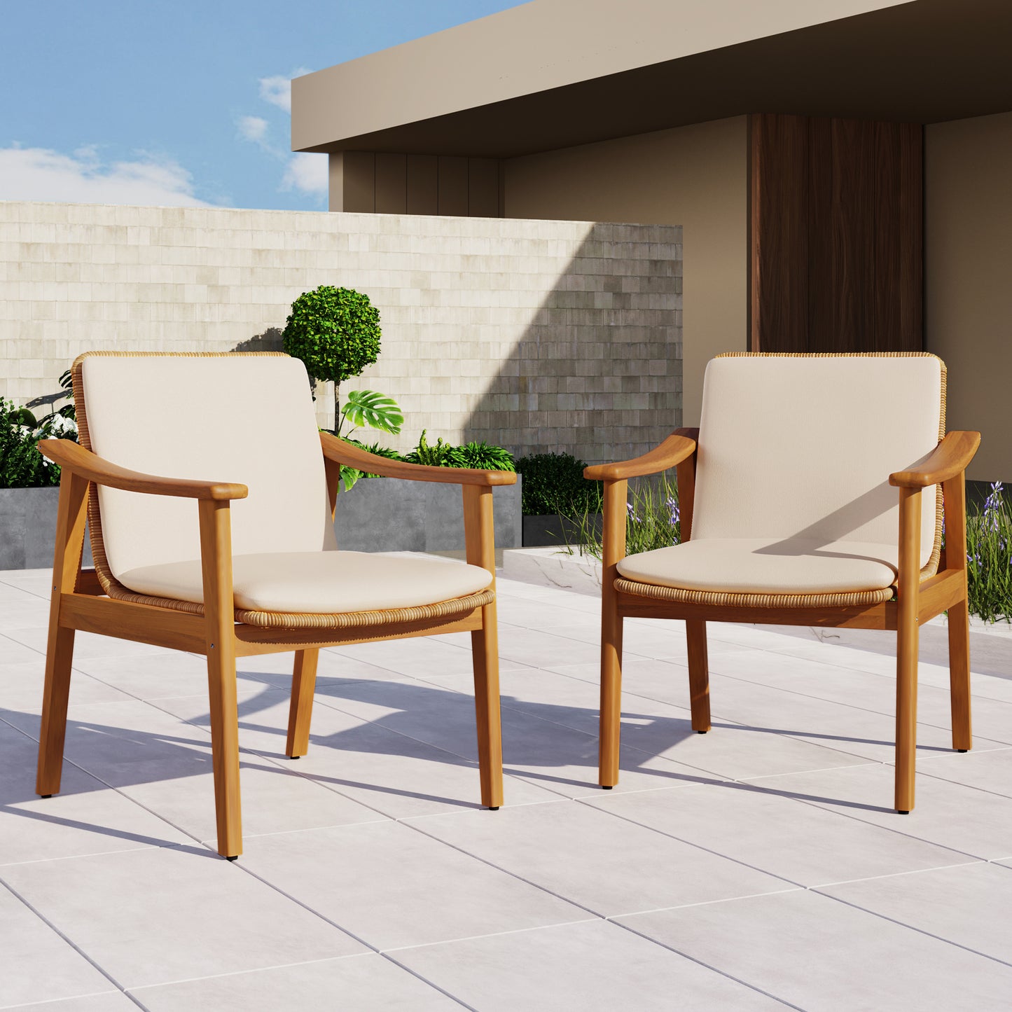 Demorivor Outdoor Dining Chairs Set of 2, Teak Color Acacia Wood Frame,Waterproof Cushion