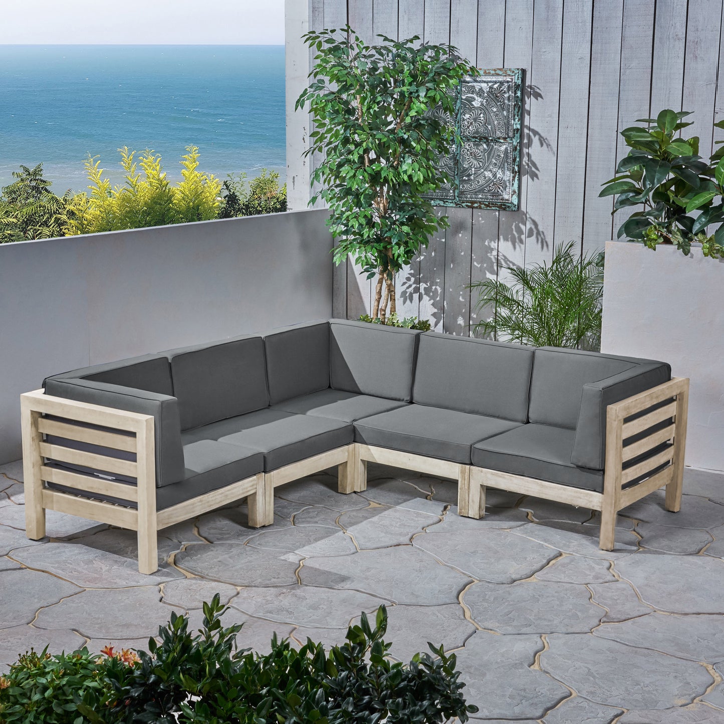 Cascada Outdoor Acacia Wood 5 Seater Sectional Sofa Set with Cushions