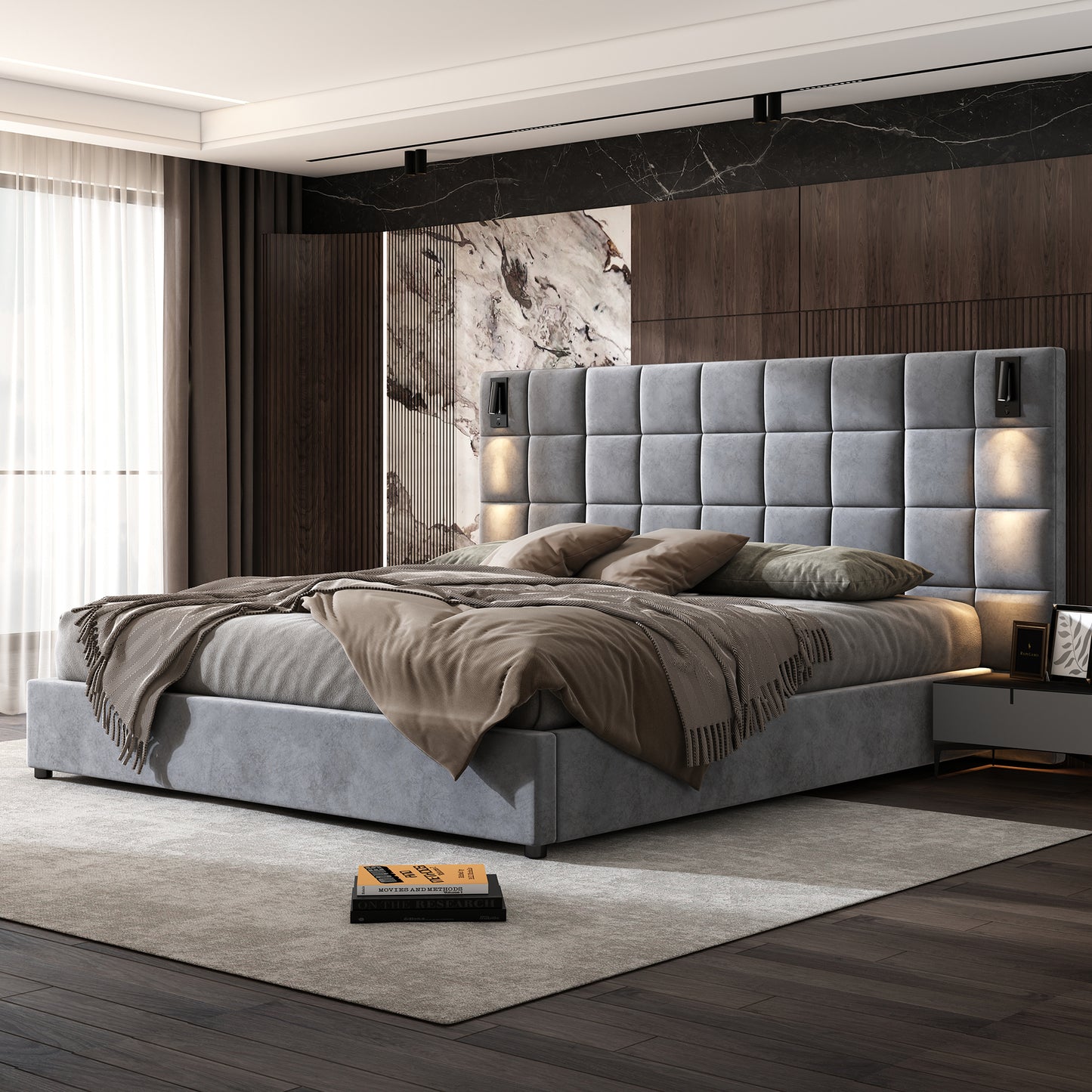 Elara Upholstered bed,with reading lamp and USB port, wide headboard,without bedside tables and mattress