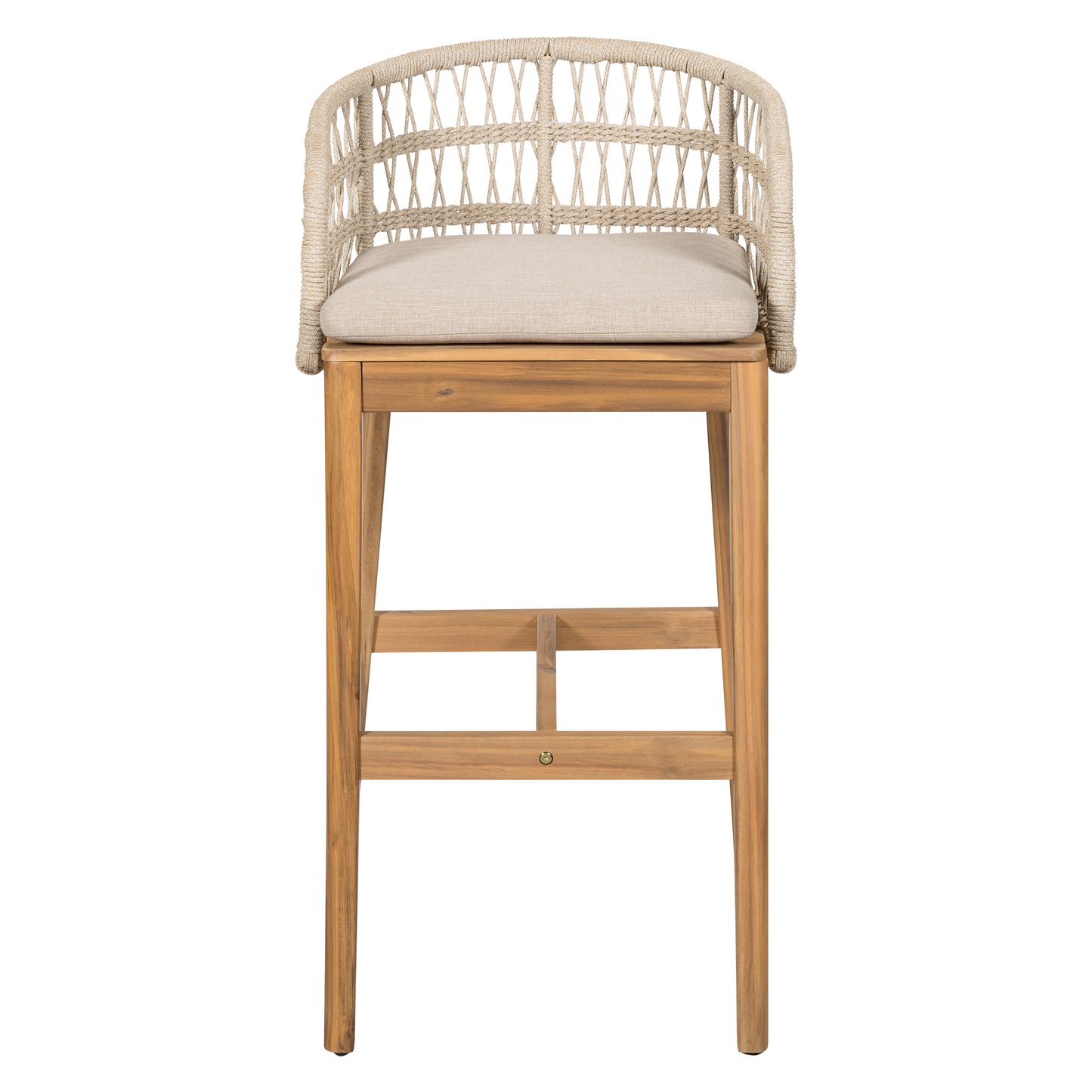 Lagunar Outdoor Wood and Rope Barstool, Teak Finished Wood with Cushion, Set of 2