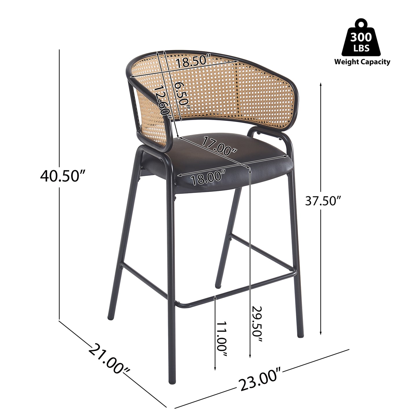 Eathan Indoor Metal PU Leather Barstool, Wowen Rattan Backrest, Set of 2