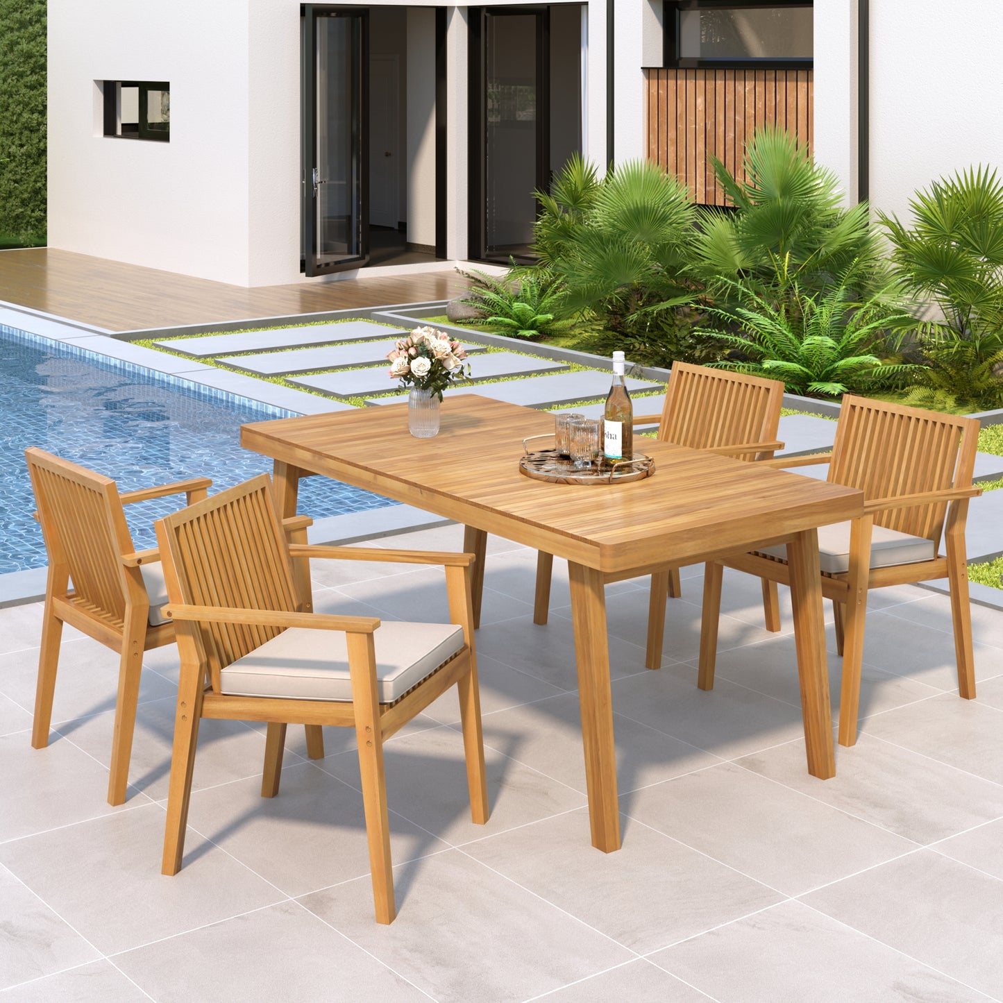 Somadorin Durable 5 - Piece Patio Furniture Set Acacia Wood Table and 4 Heavy-Duty Cushioned Chairs