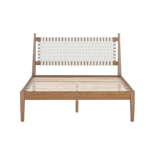 Astrielle Queen Bed with Woven White Leather back, Natural Wood Frame