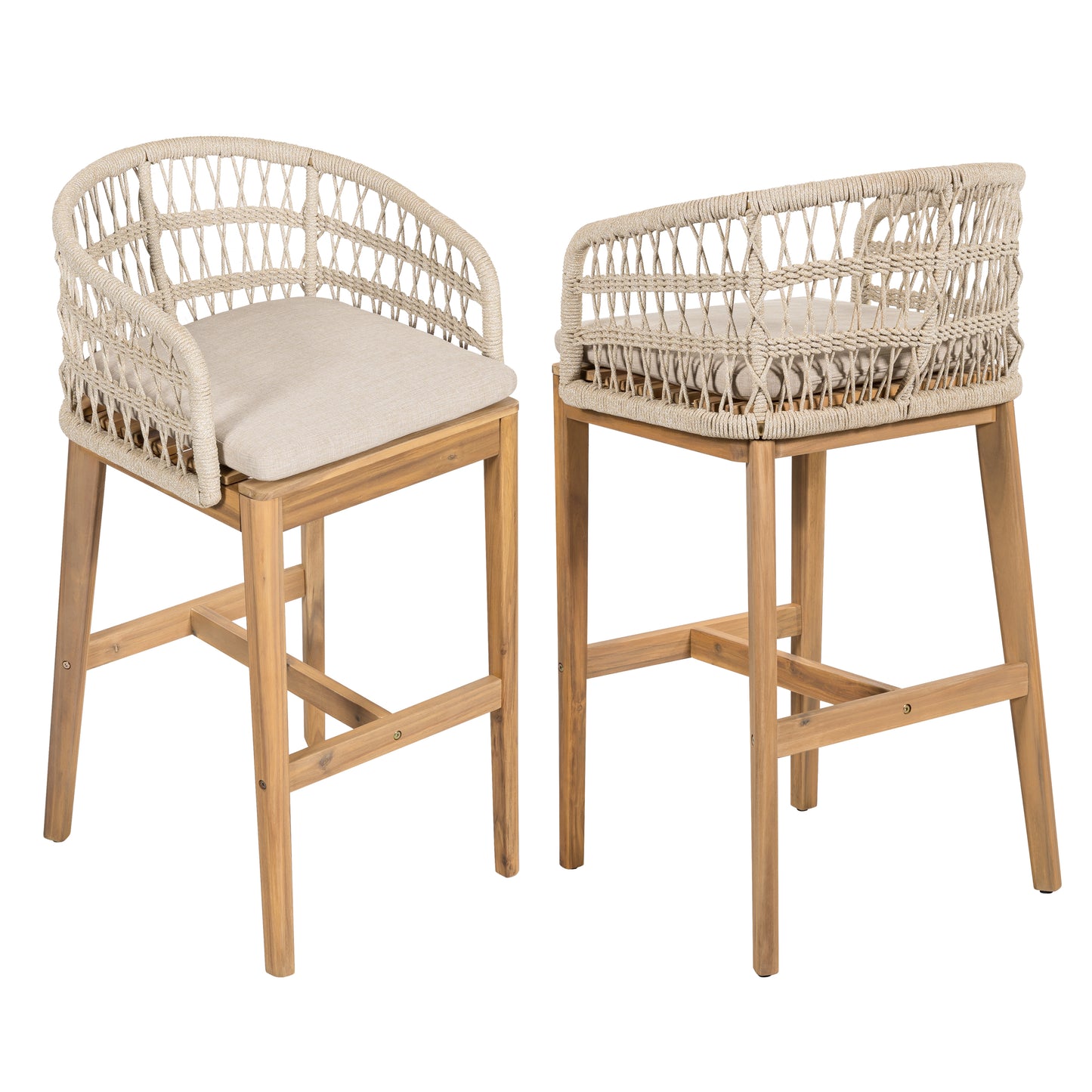 Lagunar Outdoor Wood and Rope Barstool, Teak Finished Wood with Cushion, Set of 2