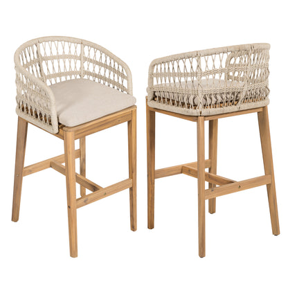 Lagunar Outdoor Wood and Rope Barstool, Teak Finished Wood with Cushion, Set of 2