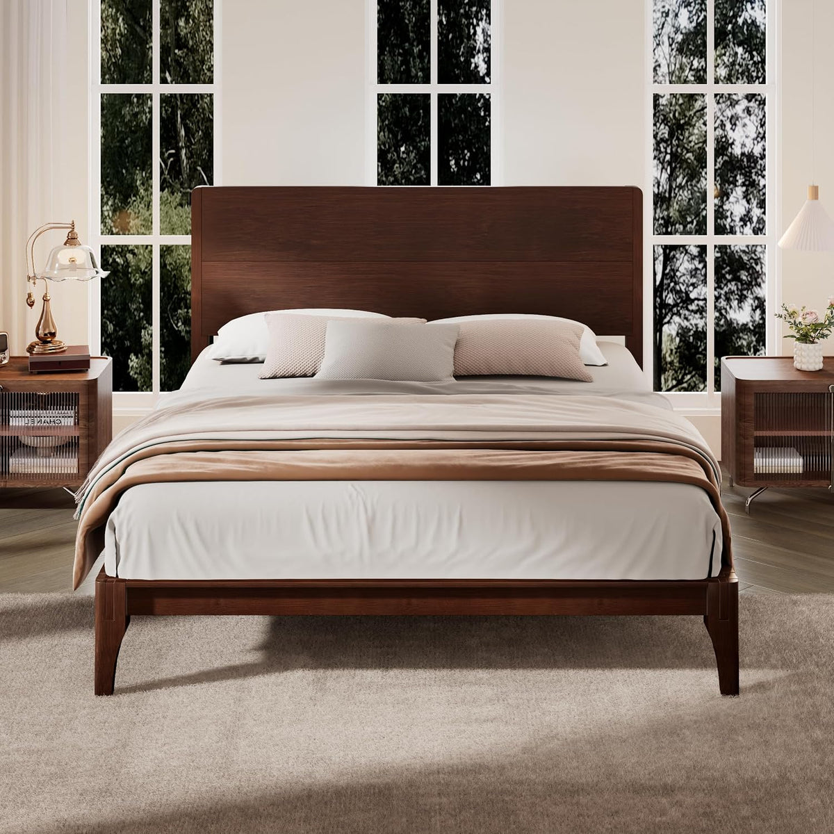 GDFStudio Mid-Century Modern Queen Size Platform Bed Frame, 12 Inch, Solid Bamboo Wood, Eco-Friendly Design with Wood Slat Support, No Box Spring Needed, Easy Assembly, Chocolate Finish