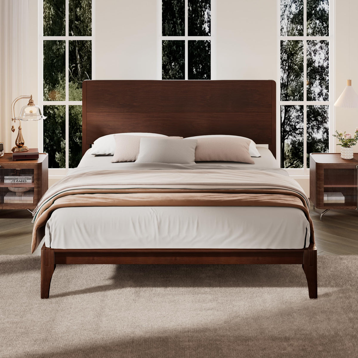 GDFStudio Mid-Century Modern Queen Size Platform Bed Frame, 12 Inch, Solid Bamboo Wood, Eco-Friendly Design with Wood Slat Support, No Box Spring Needed, Easy Assembly, Chocolate Finish