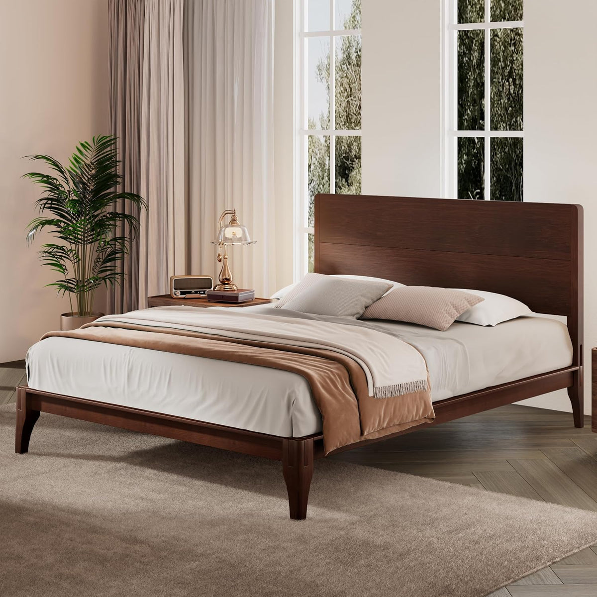 GDFStudio Mid-Century Modern Queen Size Platform Bed Frame, 12 Inch, Solid Bamboo Wood, Eco-Friendly Design with Wood Slat Support, No Box Spring Needed, Easy Assembly, Chocolate Finish