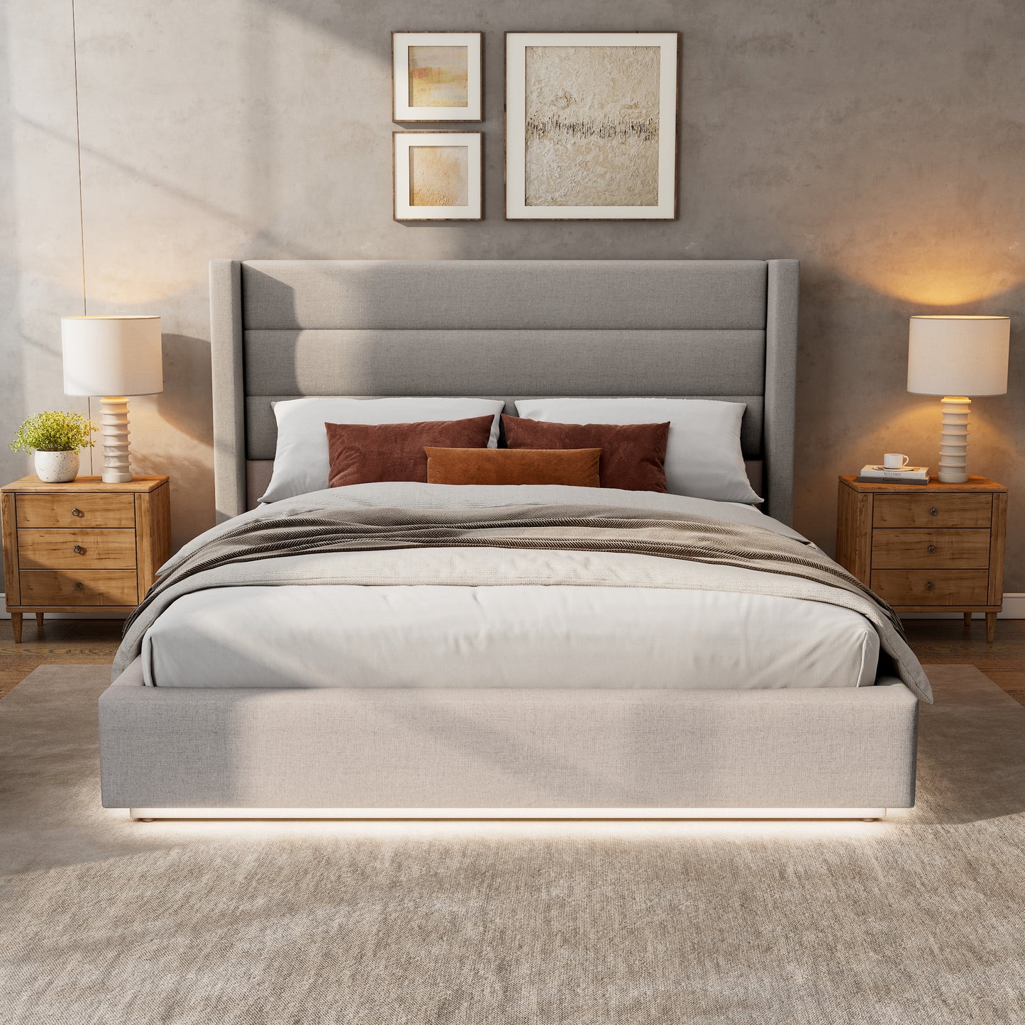 Brannick Queen Size Platform Bed with LED light, Greige