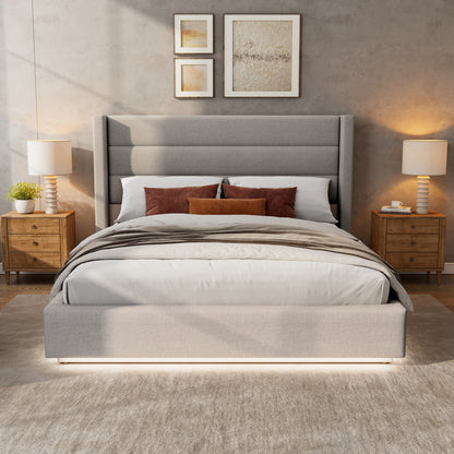 Brannick Queen Size Platform Bed with LED light, Greige