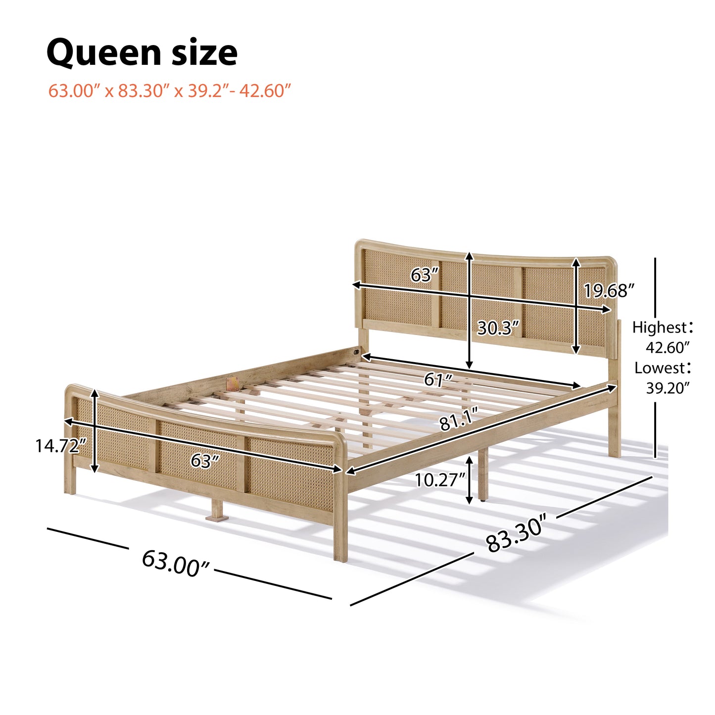 Ravosilor Curved Wooden Bed Frame with Nature Rattan Headboard&Footboard