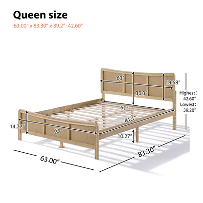 Ravosilor Curved Wooden Bed Frame with Nature Rattan Headboard&Footboard