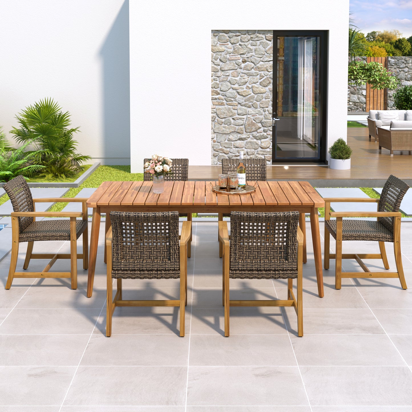 Hawk 7-Piece Patio Dining Set, 72" Slatted Table & 6 Acacia Wood & PE Rattan Chairs