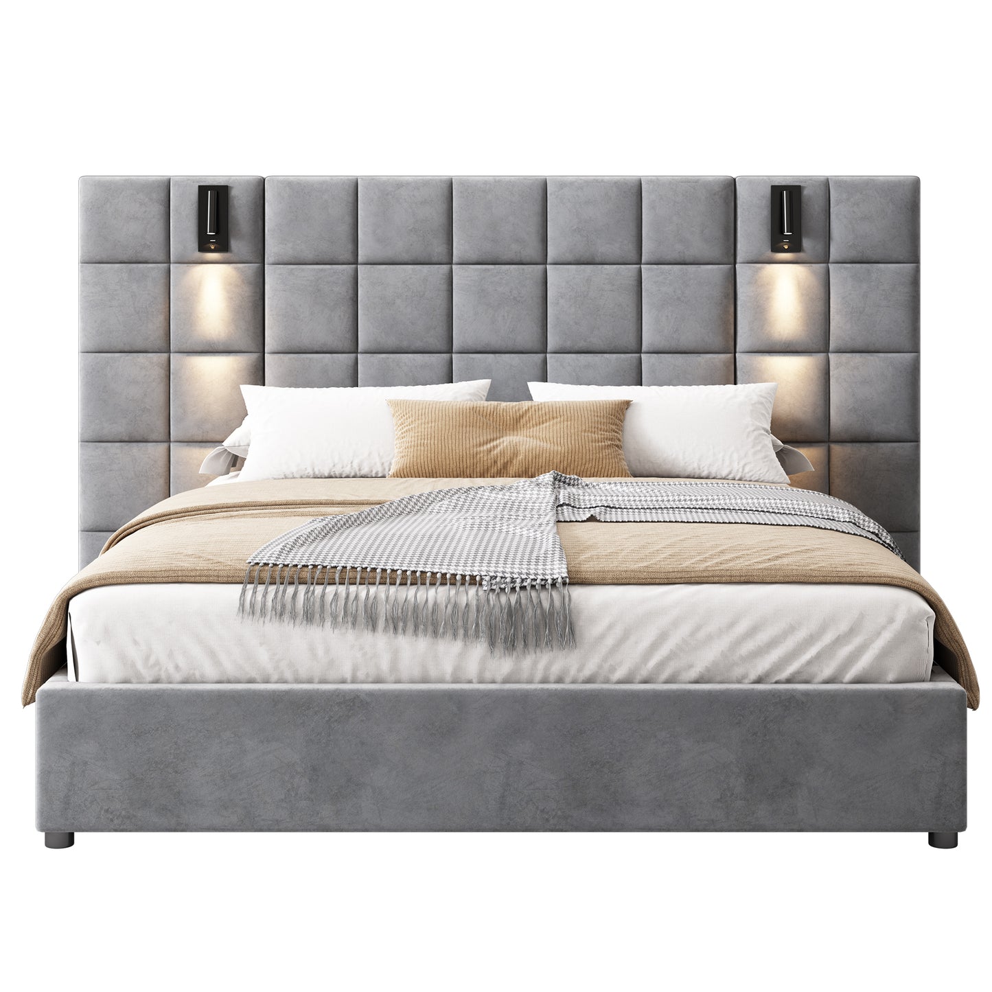 Elara Upholstered bed,with reading lamp and USB port, wide headboard,without bedside tables and mattress