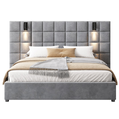 Elara Upholstered bed,with reading lamp and USB port, wide headboard,without bedside tables and mattress