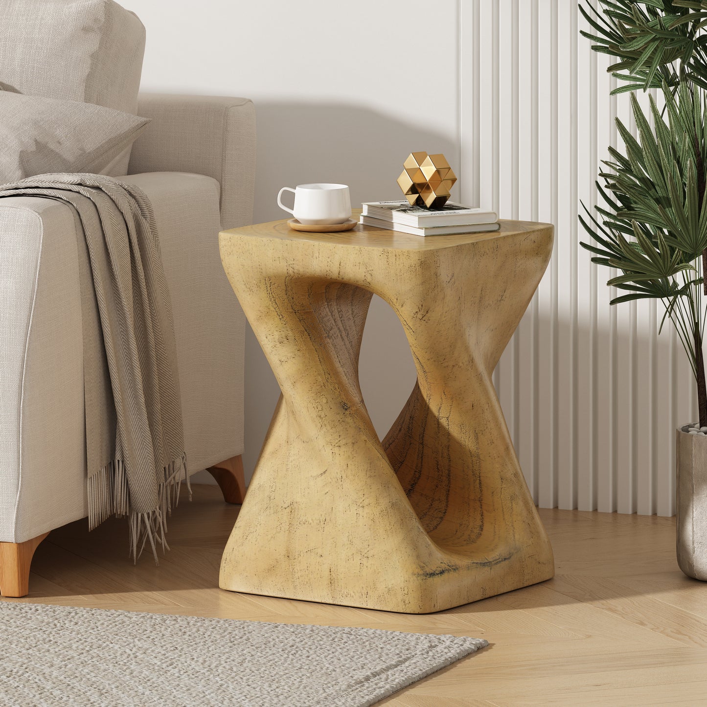 Woanar MGO Twist Shape Side Table, Wood-like texture